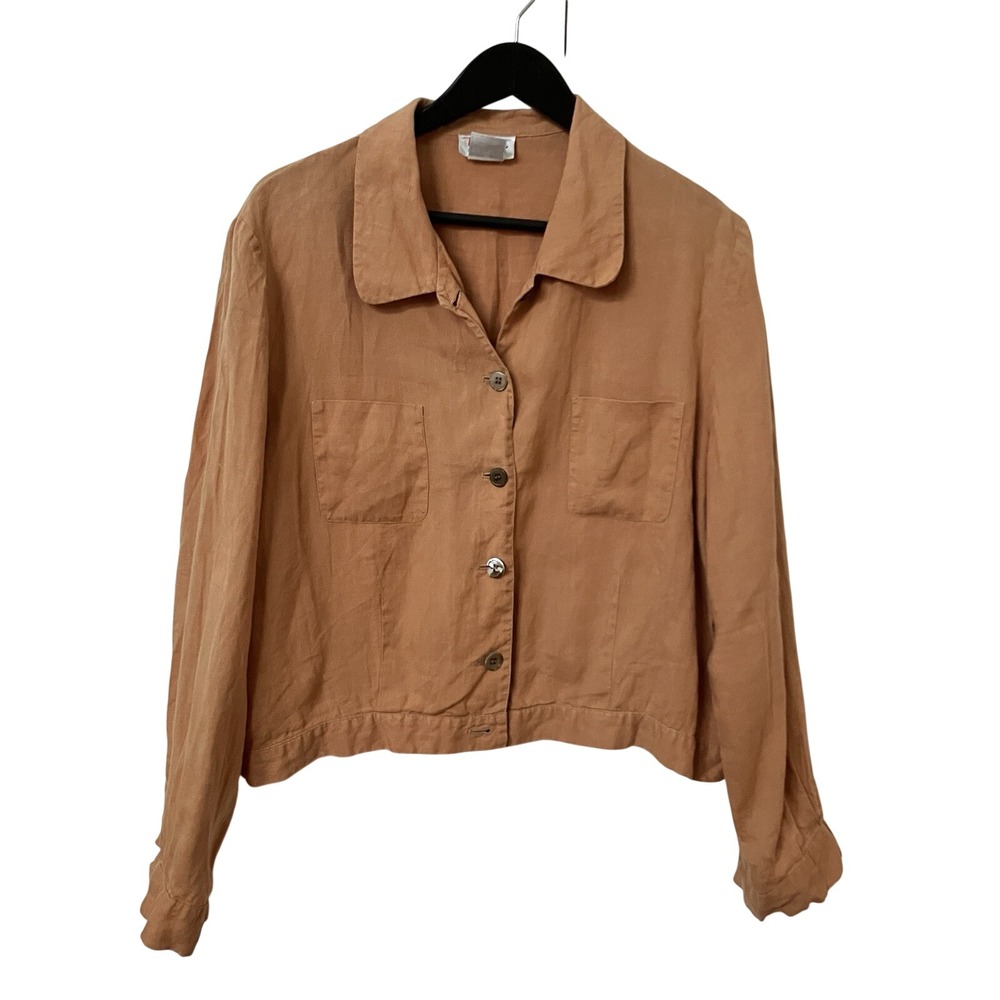 Talbots Vintage 100% Irish Linen Jacket Tan Camel Button Front Cropped Womens 16